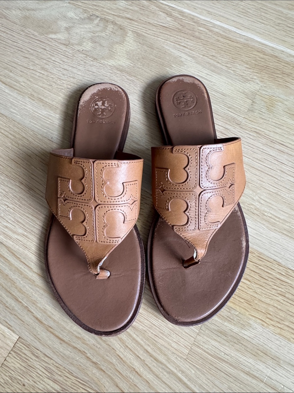 Tory Burch Cognac Leather Logo Thong Sandals